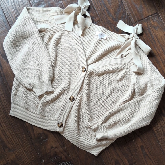 Mable Sweaters - MABLE I Cream Off Shoulder Self-Tie Strap Button Down Cardigan Sweater, L